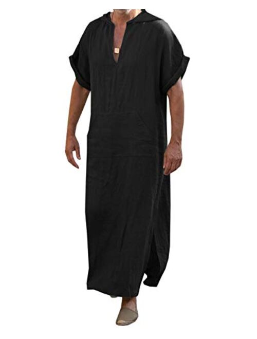 Taoliyuan Mens Kaftan Hooded Robe Linen Loungewear V Neck Long Night Gown Shirt Thobe