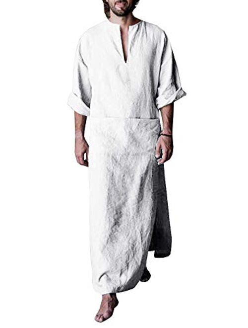 Taoliyuan Mens Kaftan Hooded Robe Linen Loungewear V Neck Long Night Gown Shirt Thobe