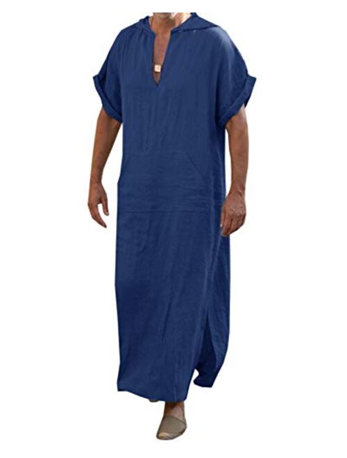 Taoliyuan Mens Kaftan Hooded Robe Linen Loungewear V Neck Long Night Gown Shirt Thobe