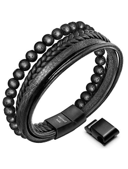 Speroto New Mens Bracelet Bead and Leather Braided, Lava and Onyx Bead Leather Bracelet for Men