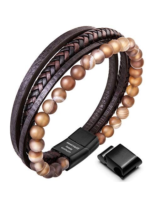 Speroto New Mens Bracelet Bead and Leather Braided, Lava and Onyx Bead Leather Bracelet for Men