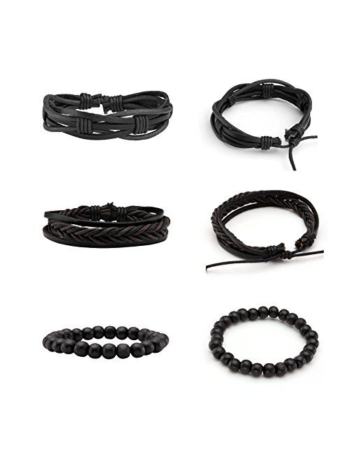 MILAKOO 6 Pcs Punk Braided Leather Bracelets for Men Women Cuff Wrap Wristbands Adjustable