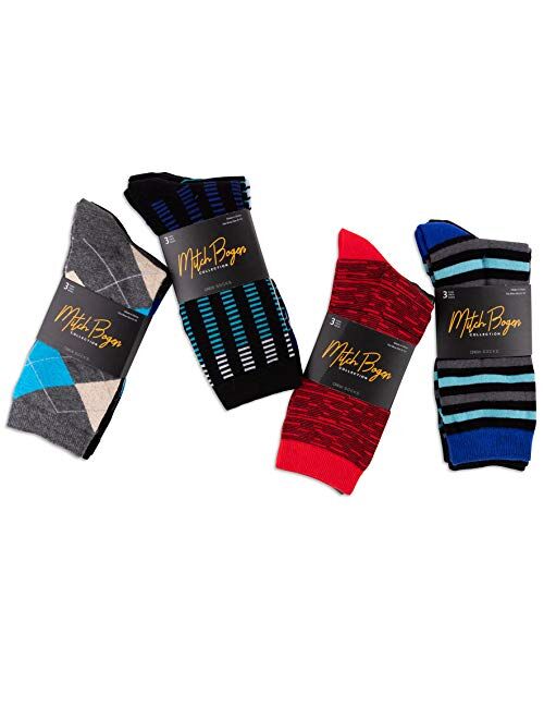 Men's Colorful Dress Socks - Conservative Patterned Striped Cotton Crew Socks For Men - 12 Pack