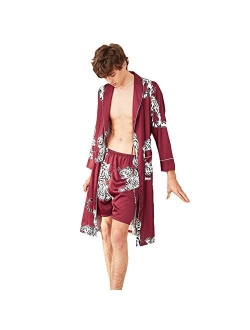 COSOSA Men's Satin Robe with Shorts - Nightgown Soft Printed Bathrobes Pajamas Sleepwear