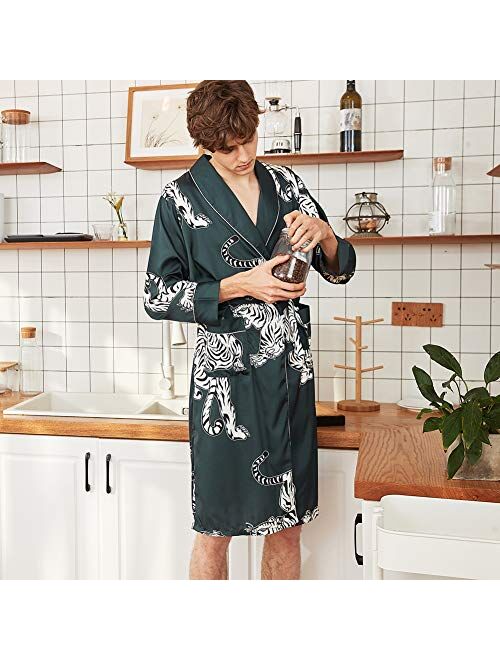 COSOSA Men's Satin Robe with Shorts - Nightgown Soft Printed Bathrobes Pajamas Sleepwear