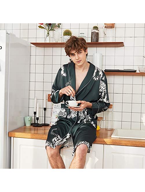 COSOSA Men's Satin Robe with Shorts - Nightgown Soft Printed Bathrobes Pajamas Sleepwear