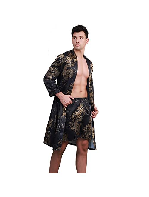 COSOSA Men's Satin Robe with Shorts - Nightgown Soft Printed Bathrobes Pajamas Sleepwear