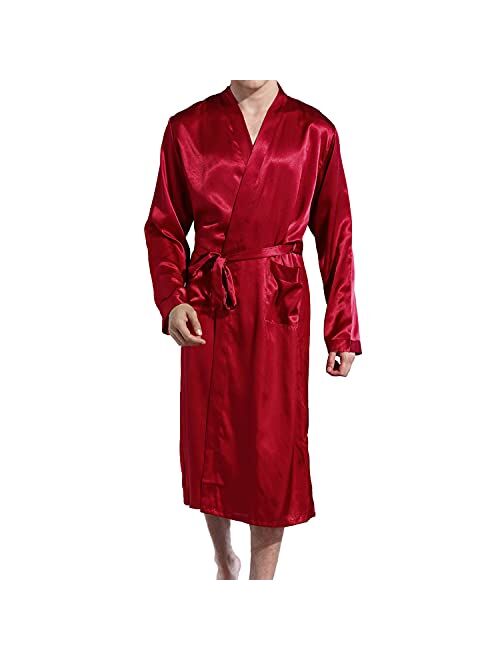 Lu's Chic Men' Satin Kimono Robe Silk Classic Long Bathrobe Pockets Lighweight Loungewear