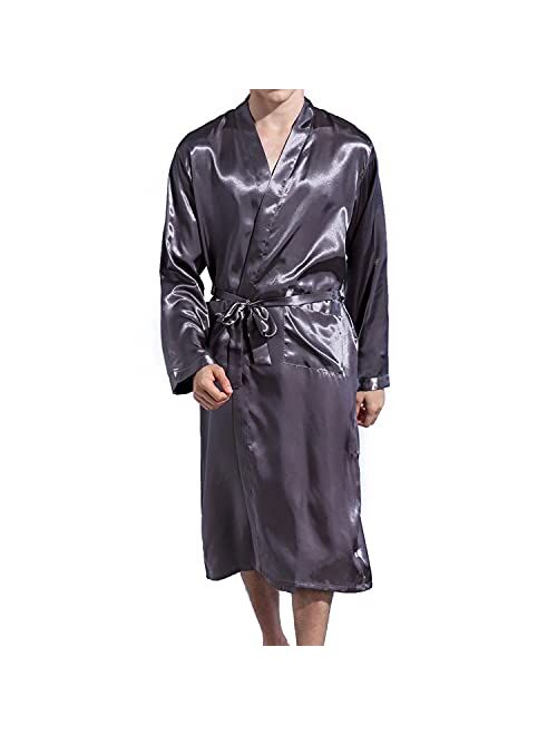 Lu's Chic Men' Satin Kimono Robe Silk Classic Long Bathrobe Pockets Lighweight Loungewear