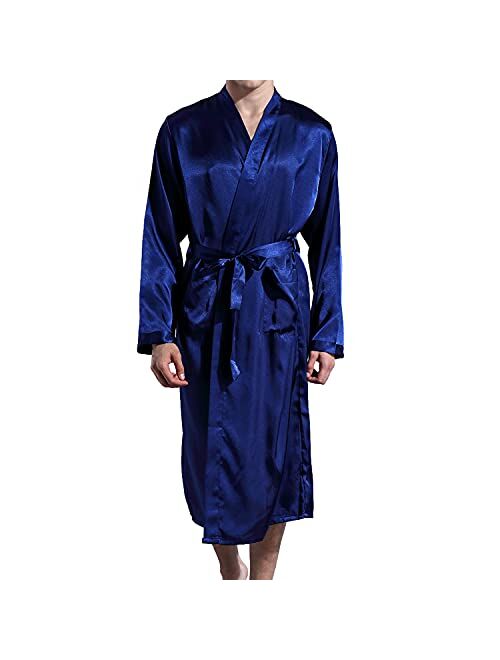 Lu's Chic Men' Satin Kimono Robe Silk Classic Long Bathrobe Pockets Lighweight Loungewear