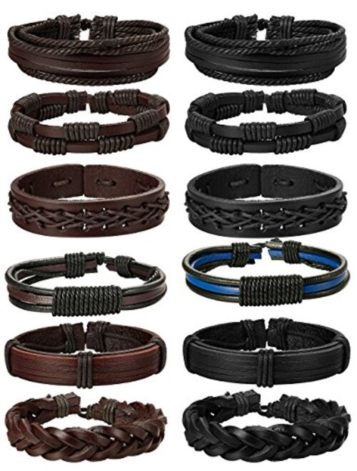 Jstyle 12Pcs Braided Leather Bracelet for Men Women Cuff Wrap Bracelet Adjustable Black and Brown (A:12Pcs)