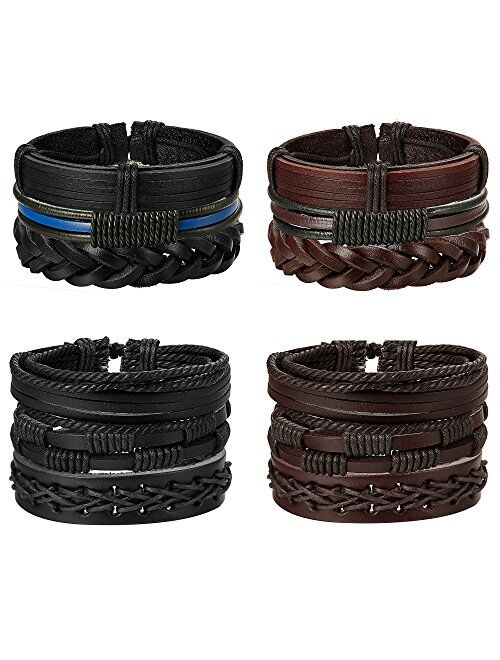 Jstyle 12Pcs Braided Leather Bracelet for Men Women Cuff Wrap Bracelet Adjustable Black and Brown (A:12Pcs)