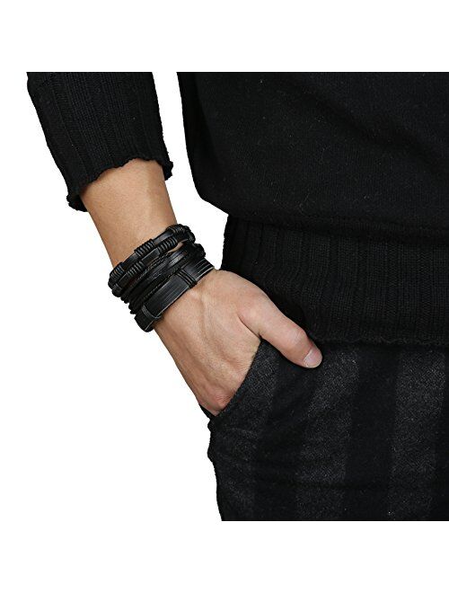 Jstyle 12Pcs Braided Leather Bracelet for Men Women Cuff Wrap Bracelet Adjustable Black and Brown (A:12Pcs)