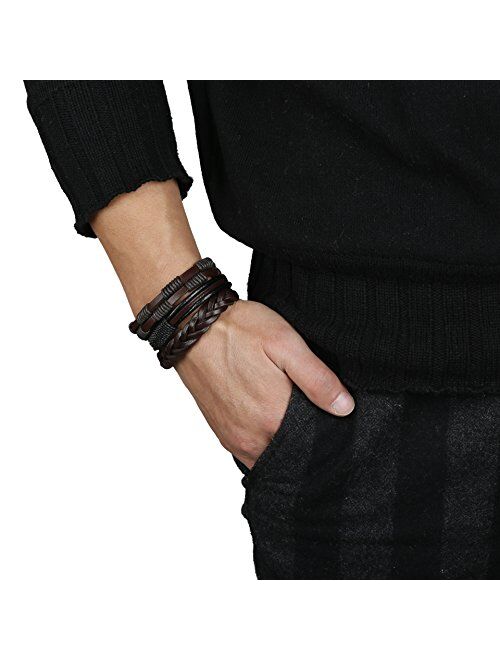 Jstyle 12Pcs Braided Leather Bracelet for Men Women Cuff Wrap Bracelet Adjustable Black and Brown (A:12Pcs)