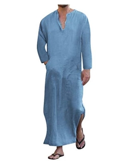 Jacansi Men's V-Neck Short Sleeve Home Robe Side Split Kaftan Cotton Long Gown Thobe