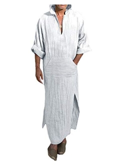 Jacansi Men's V-Neck Short Sleeve Home Robe Side Split Kaftan Cotton Long Gown Thobe