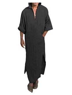 Jacansi Men's V-Neck Short Sleeve Home Robe Side Split Kaftan Cotton Long Gown Thobe