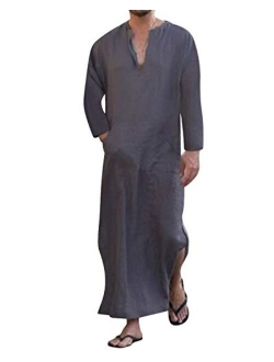 Jacansi Men's V-Neck Short Sleeve Home Robe Side Split Kaftan Cotton Long Gown Thobe