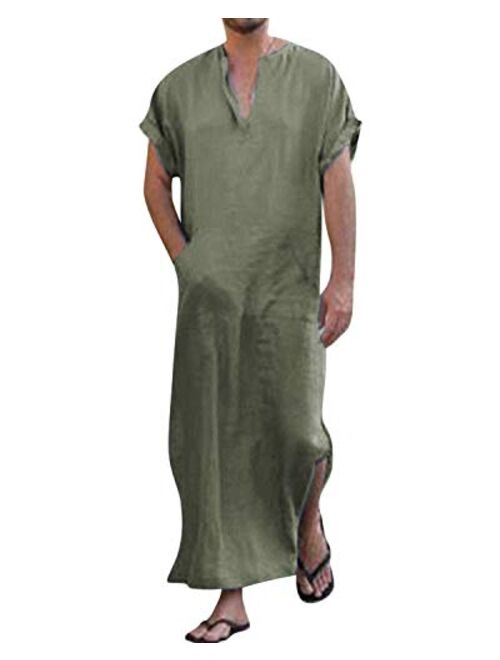 Jacansi Men's V-Neck Short Sleeve Home Robe Side Split Kaftan Cotton Long Gown Thobe