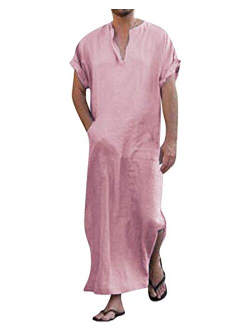 Jacansi Men's V-Neck Short Sleeve Home Robe Side Split Kaftan Cotton Long Gown Thobe