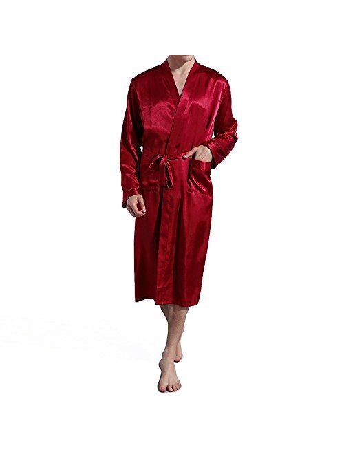 Amzchoice Men V Neck Satin Robe Kimono Long Bathrobe Lightweight Sleepwear Wedding