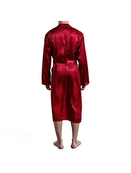 Amzchoice Men V Neck Satin Robe Kimono Long Bathrobe Lightweight Sleepwear Wedding