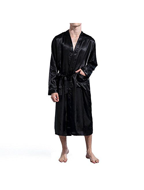 Amzchoice Men V Neck Satin Robe Kimono Long Bathrobe Lightweight Sleepwear Wedding