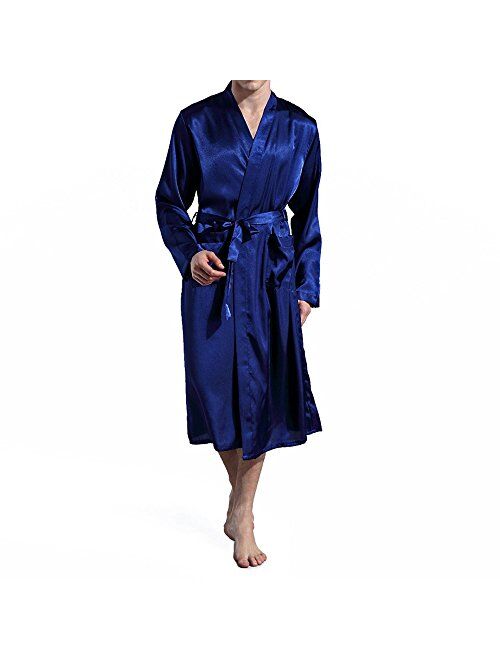 Amzchoice Men V Neck Satin Robe Kimono Long Bathrobe Lightweight Sleepwear Wedding