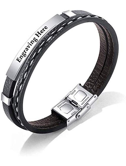 Personalized Mens Black Leather Bracelets 7.4-10 Inches ID Tag Bracelets Customized for Men Women Dad Bracelets Wristband Bangle