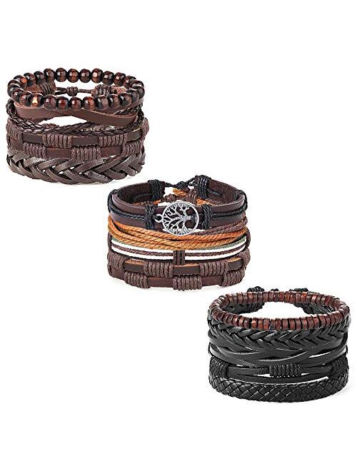 Hanpabum 18pcs Braided Leather Bracelets for Men Women Woven Cuff Wrap Bracelet Wood Beads Ethnic Tribal Bracelets Adjustable