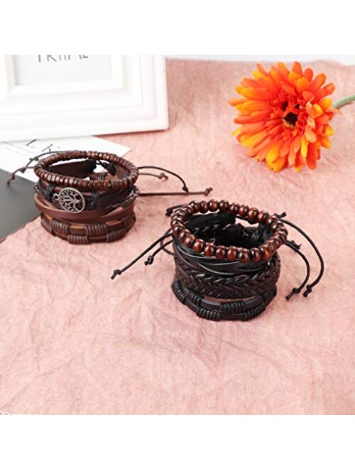 Hanpabum 18pcs Braided Leather Bracelets for Men Women Woven Cuff Wrap Bracelet Wood Beads Ethnic Tribal Bracelets Adjustable