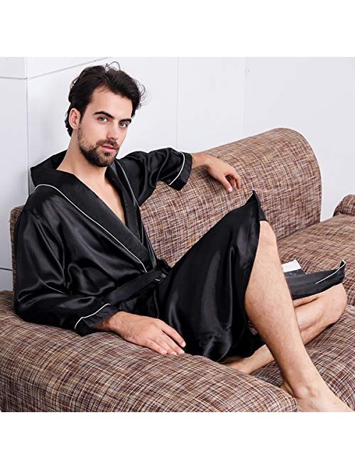 Haseil Men's Satin Kimono Robe Spring Summer Shawl Collar Sleepwear Classic Silk Bathrobes