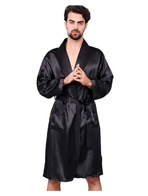 Haseil Men's Satin Kimono Robe Spring Summer Shawl Collar Sleepwear Classic Silk Bathrobes