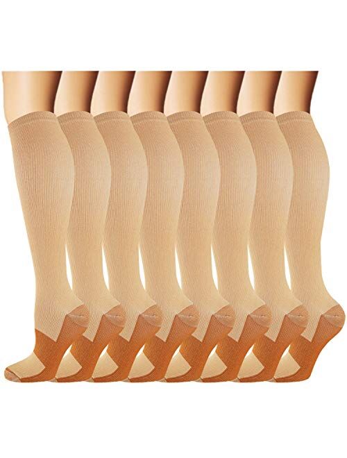 8 Pack Copper Knee High Compression Socks For Men & Women-Best For Running,Athletic,Medical,Pregnancy and Travel -15-20mmHg