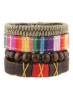 Mix 4 Wrap Bracelets Men Women, Hemp Cords Wood Beads Ethnic Tribal Bracelets, Leather Wristbands