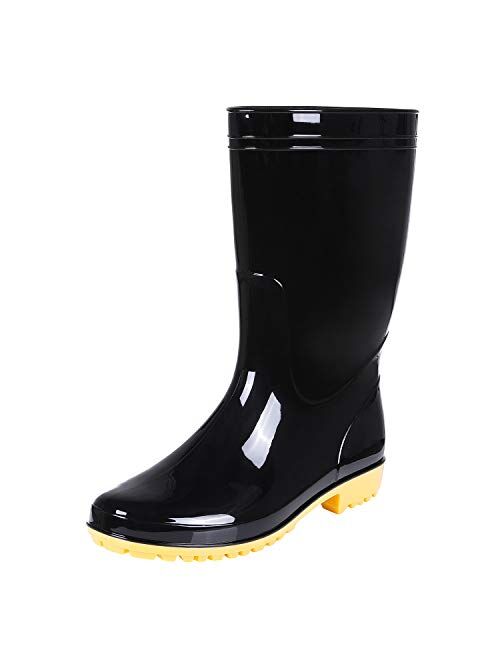 Comwarm Men's Mid-Calf Rain Boots Waterproof Anti-Slip Black PVC Adult Outdoor Work Rubber Boots