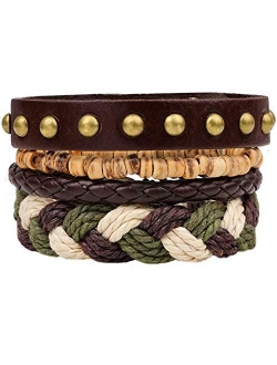 Mens Bracelet Set Beads Leather Stranded Multilayer Braided Rope Adjustable