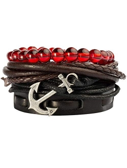 Mens Bracelet Set Beads Leather Stranded Multilayer Braided Rope Adjustable