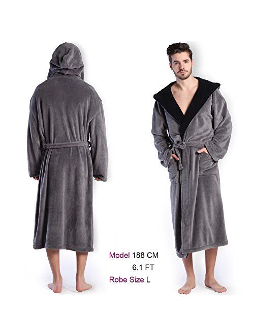 Hooded Men's Grey Soft Spa Long Bathrobe,Comfy Full Length Warm Nightdress