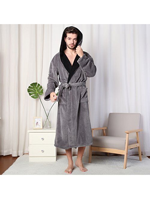 Hooded Men's Grey Soft Spa Long Bathrobe,Comfy Full Length Warm Nightdress