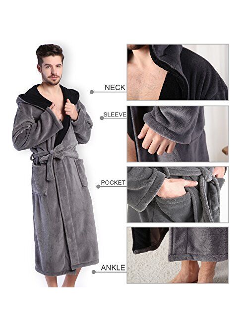 Hooded Men's Grey Soft Spa Long Bathrobe,Comfy Full Length Warm Nightdress