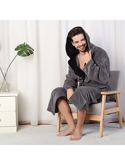 Hooded Men's Grey Soft Spa Long Bathrobe,Comfy Full Length Warm Nightdress