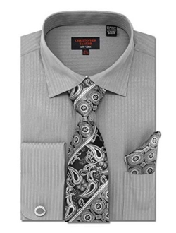 Christopher Tanner Men's Solid Striped Pattern Regular Fit Dress Shirts French Cuffs with Tie Hanky Cufflinks Combo