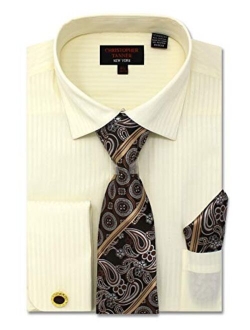 Christopher Tanner Men's Solid Striped Pattern Regular Fit Dress Shirts French Cuffs with Tie Hanky Cufflinks Combo