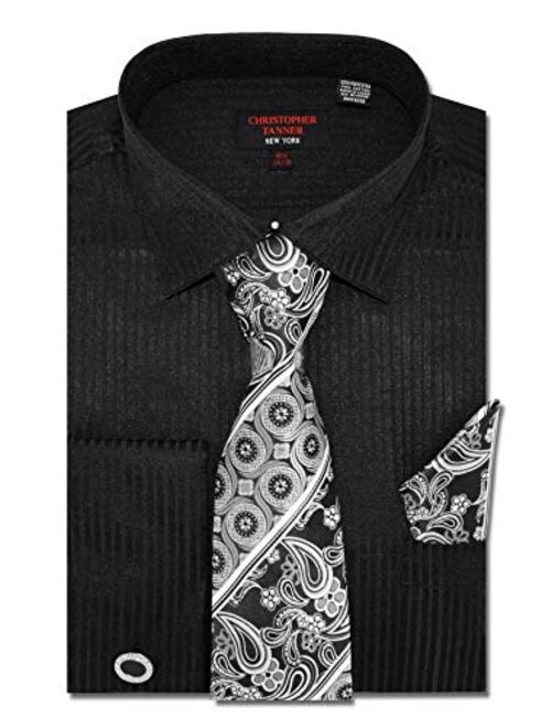 Christopher Tanner Men's Solid Striped Pattern Regular Fit Dress Shirts French Cuffs with Tie Hanky Cufflinks Combo