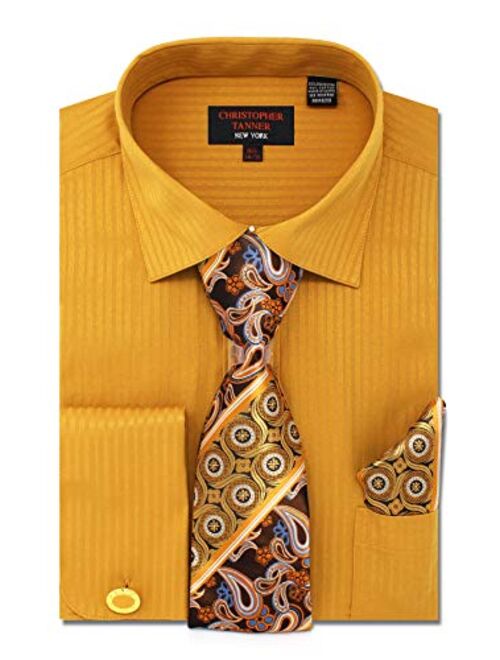 Christopher Tanner Men's Solid Striped Pattern Regular Fit Dress Shirts French Cuffs with Tie Hanky Cufflinks Combo