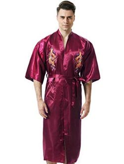 MORCOE Men's Chinese Dragon Embroidered Satin Long Men Robe,Smoking Jacket Yukata Pajamas Kimono for Men