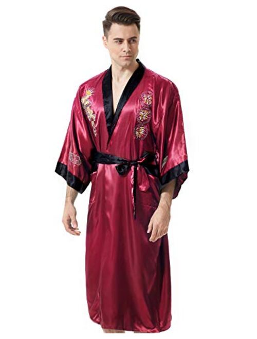 MORCOE Men's Chinese Dragon Embroidered Satin Long Men Robe,Smoking Jacket Yukata Pajamas Kimono for Men