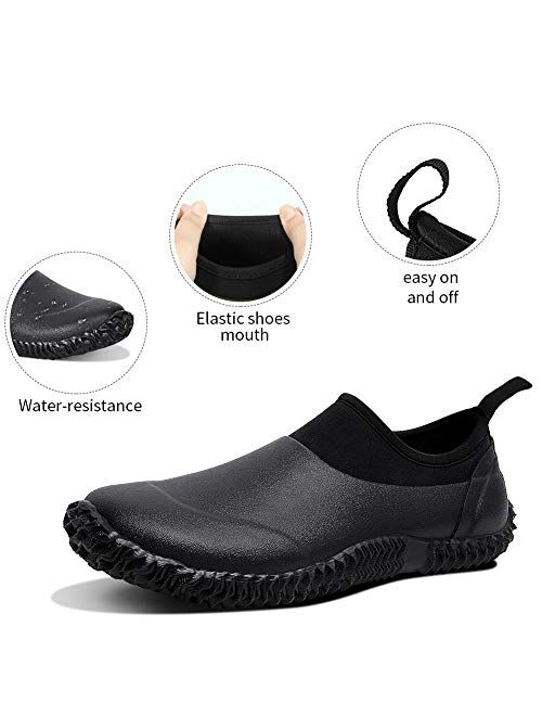 DAWAN Men's Garden Shoes Waterproof Womens Short Rain Boots Rubber Comfortable Unisex Neoprene Slip On Rainboots with Soft Insole for Yard Work