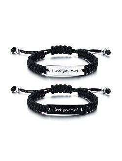 MEALGUET Stainless Steel ID Plate Bracelets Custom Engraving Handmade Braided Rope Wrist Bangle for Men Women Friendship Couple Bracelet for Christmas